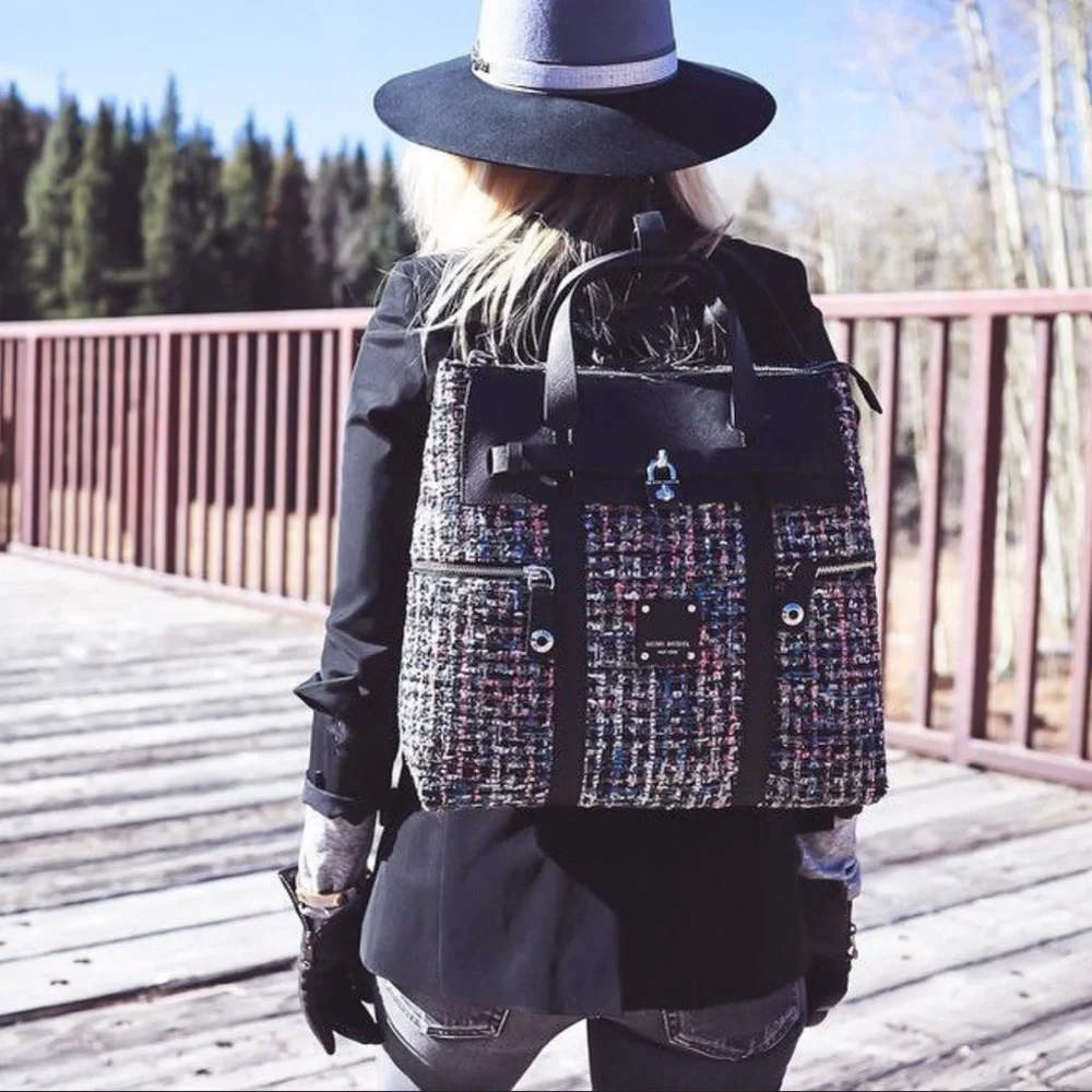 HENRI BENDEL Large Tweed Jetsetter Backpack Crossbody Convertible - Picture 2 of 6